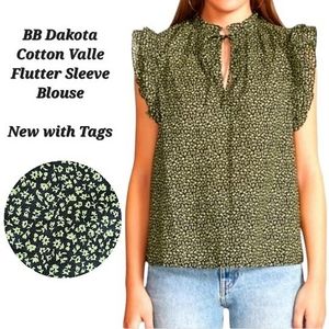 NEW BB Dakota By Steve Madden Cotton Valle Flutter Sleeve Blouse Black Yellow XS